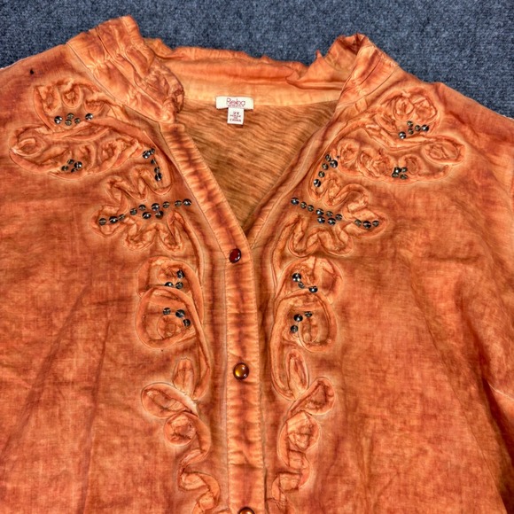 Reba Woman Top Womens 2X Orange Embroidered Studded Boho Button Up Western Shirt - Picture 8 of 9